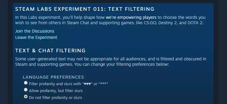 Steam is experimenting with customizable profanity filters for chat.